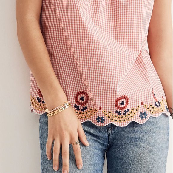Madewell Embroidered Gingham Sleeveless Tank Plaid Sunset 100% Cotton Red XXS - Picture 2 of 8